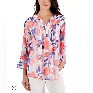 Charter Club Pintuck Pleated Floral Blouse XL NWT 3/4 Sleeve Paisley Top